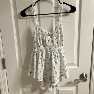 Floral Romper Women's Sleeveless Blue White Button Front Tie Back Casual Cute